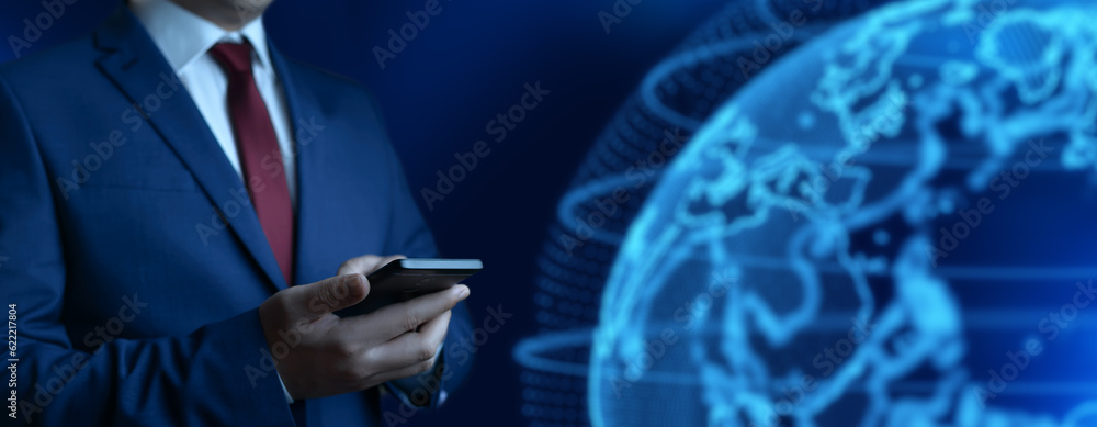 Poster businessman uses a smartphone. internet technology and business concept. empty space. template for t