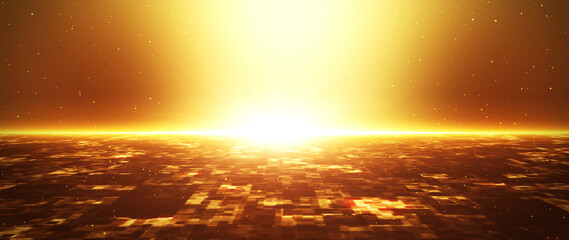 Banner gold particles abstract background with flares shining golden floor particle stars dust. Futuristic glittering in space on gradient background.