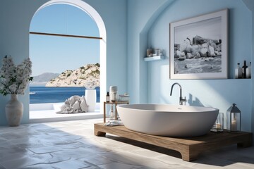 High-End Bathroom Design in a Mediterranean Villa Showcasing Contemporary Decor, Chic Accessories, and a Stunning Sea View.
