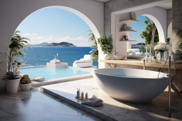 Fototapeta na wymiar Luxury Living in a Stylish and Modern Bathroom in a Greek Summer Vacation
