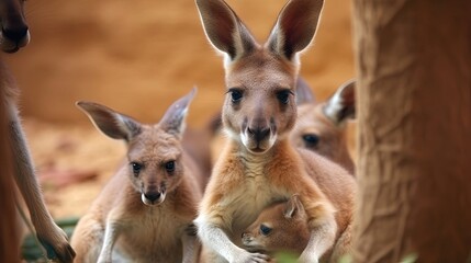 Sweet baby kangaroos peek out from their mothers' pouches, their round faces and perky ears exuding a sense of innocence and curiosity. Generated by AI.