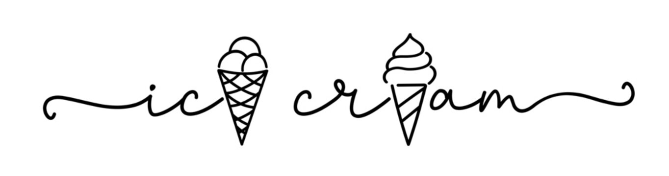 Ice cream logo with icons in the name. Typography, black letters isolated on white background. Vector type illustration. Ice cream, labels, stickers and badges. Hand drawn ice cream text and doodle.
