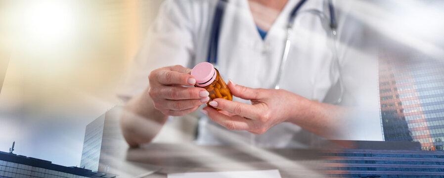 Female Doctor Looking At A Bottle Of Pills; Multiple Exposure