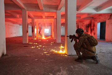  A group of professional soldiers bravely executes a dangerous rescue mission, surrounded by fire in a perilous building.