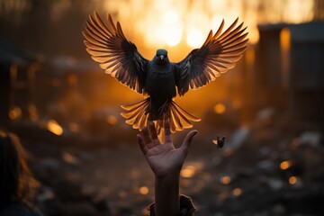 A Captivating Release: Hands Unleash a Bird, Amidst the Serene Twilight Horizon Generative AI
