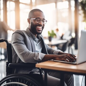 Man in a wheelchair works in the office. Image generated by AI.