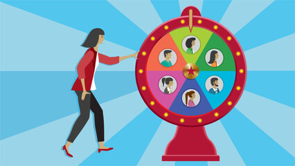 Lucky draw winner, wheel of fortune with different candidates for chance to win or get new job. Dimension 16:9. Vector illustration.