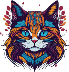 Colorful cat face vibrant bold vivid colors t-shirt design vector illustrations. Radiant cat whiskered wonder