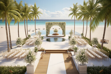 Fototapeta na wymiar Amazing wedding venue with flower arch at tropical beach resort