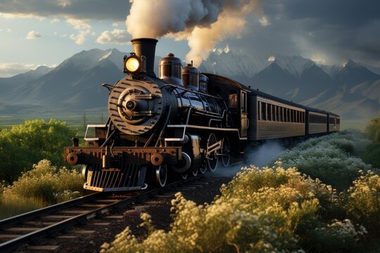 Majestic Elegance: Witness the Awe-inspiring Sight of a Steam Engine Puffing Along a Serene Railroad, Surrounded by Verdant Meadows and Majestic Peaks on the Horizon Generative AI