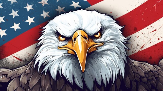 Illustration of an eagle on the background of the American flag closeup.Ai generation