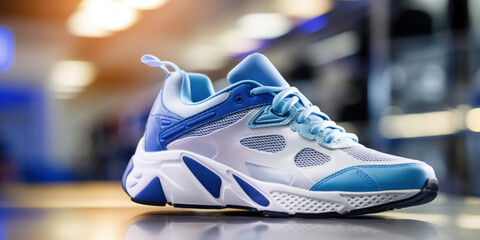 Trendy sports shoes, festive sport gym banner template background