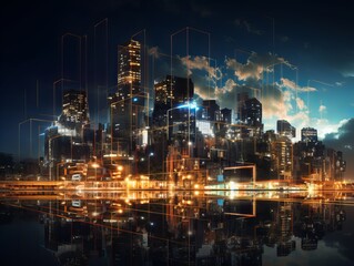 City in the night with smarty city technology concept art. Generative ai