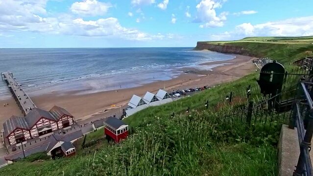 The clifftop tramway or funicular in Saltburn-by-the-Sea on the North Yorkshire coast. Captured on a bright and sunny summer day