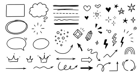 Sketch line arrow element, star, heart shape. Hand drawn doodle sketch style circle, cloud speech bubble grunge element set. Arrow, star, heart brush decoration. Vector illustration - obrazy, fototapety, plakaty