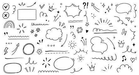 Hand drawn line highlight, speech bubble, brush underline. Text emphasis, star sparkle, pencil underline elements. Hand drawn sketch cloud speech bubble, arrow, emphasis. Vector illustration.