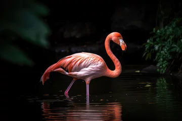Foto auf Acrylglas Antireflex Close-up of pink flamingo bird with pink feathers on dark lake background. Natural beautiful wallpaper with unusual bird. Generative AI professional photo imitation. © SnowElf