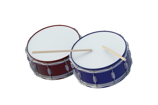 Drums and sticks isolated on white background. Percussion musical instrument. 3d render