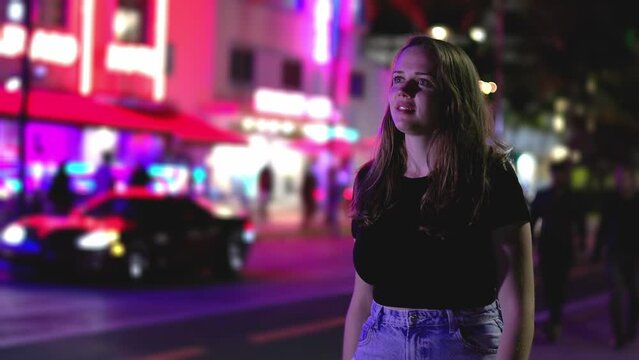 Colorful Ocean Drive in Miami Beach at night - travel photography