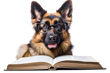funny dog reading book with glasses on transparent background