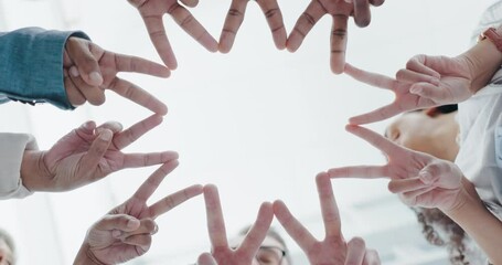 Hands, star sign or shape of business people from below for solidarity, teamwork and collaboration. Diversity men and women group together for peace, trust and motivation for connection or innovation