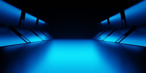 3d rendering of blue neon glowing spaceship corridor hallway background. Scene for advertising, technology, showroom, banner, game, sport, business, metaverse. Sci-Fi Illustration. Product display