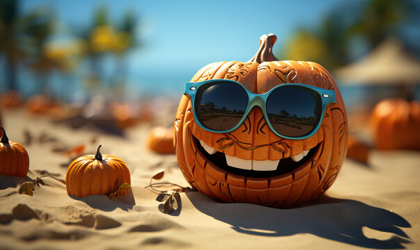 Halloween, funny cartoon pumpkin on a sunny day, against the backdrop of nature.
