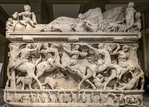 Eros sarcophagus. Famous masterpiece of ancient culture, found in Sidamara. Istanbul Archaeology Museum, Turkey - October 18, 2022