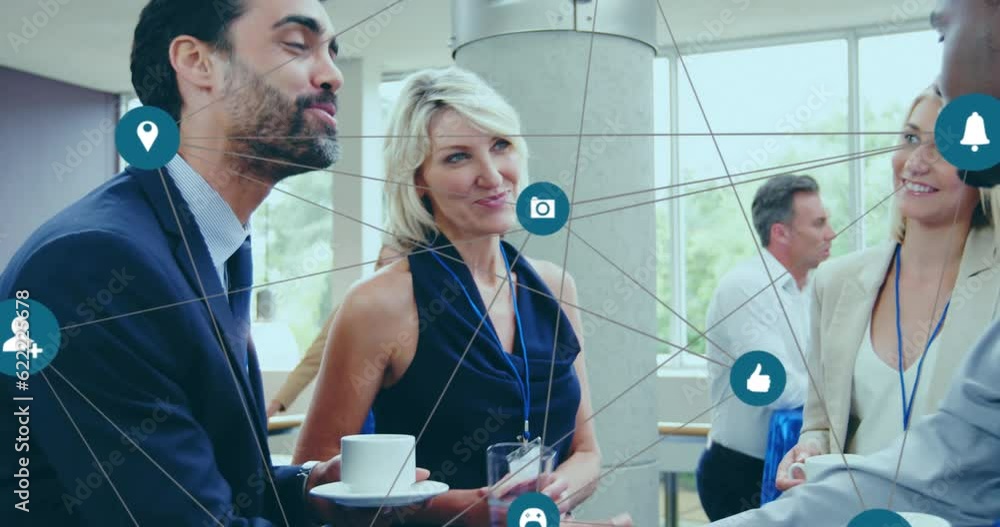 Poster animation of network of connections and data processing over diverse businesspeople in office