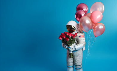 Fototapeta na wymiar Astronaut with a bouquet of red roses and balloons on blue background, holiday banner with blank space for text, space man congratulates, copy space, generated ai