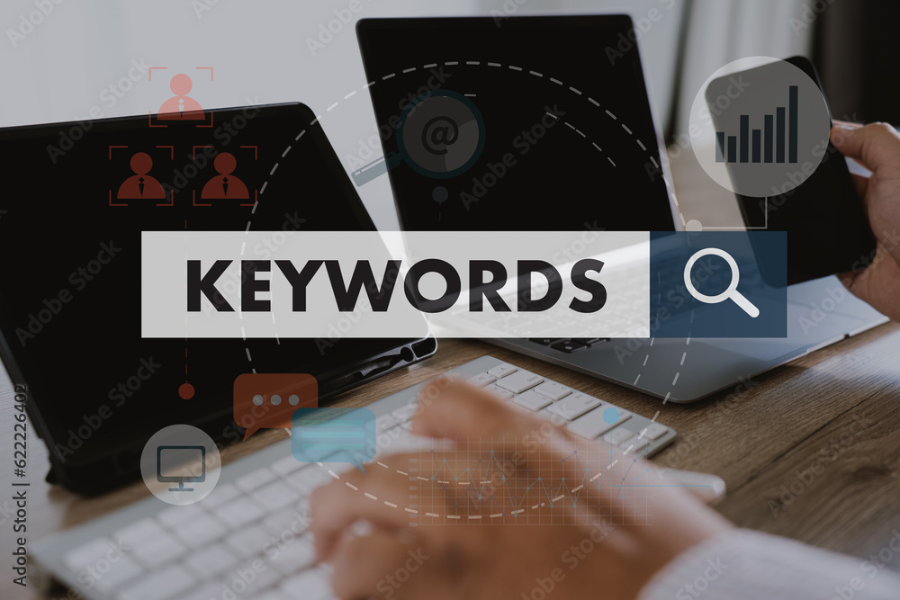 Poster keywords on a website for content businessman search keywords on a laptop, browse in the office, opt