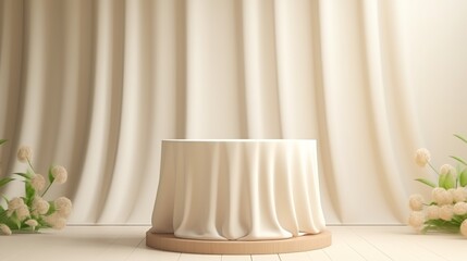 white curtains in a room with an empty table for product ads placement. Generative ai