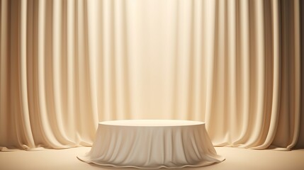 white curtains in a room with an empty table for product ads placement. Generative ai