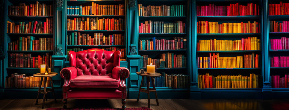 Colorful Beautiful library architecture with giant bookshelves, epic interior luxury design for architecture lovers. Photo realistic, concept art, cinematic light, illustration