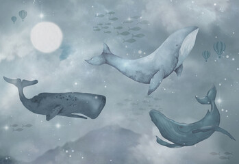 Flying whales on the background of the starry sky in the clouds wallpaper