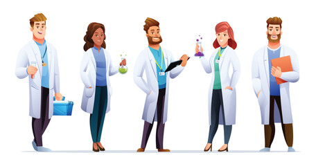 Set of male and female scientist characters in cartoon style - obrazy, fototapety, plakaty