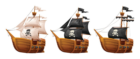 Cartoon wooden pirate ship illustration set isolated on white background - obrazy, fototapety, plakaty