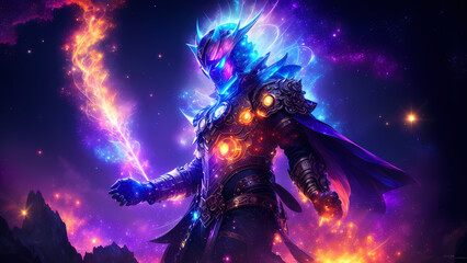 A cosmic knight at the center of a magical world in a realistic anime style, Generative AI