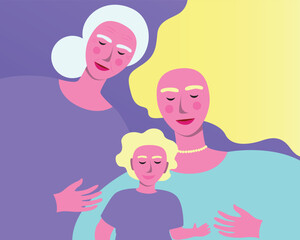 Natural women family: girl, young woman, old woman, vector stock illustration