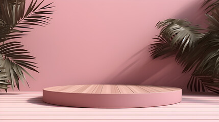Pink podium stand with nature rock palm scene background.Generative AI