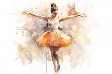 watercolor drawing, a ballerina in an orange dress is dancing on a light background, generated by AI