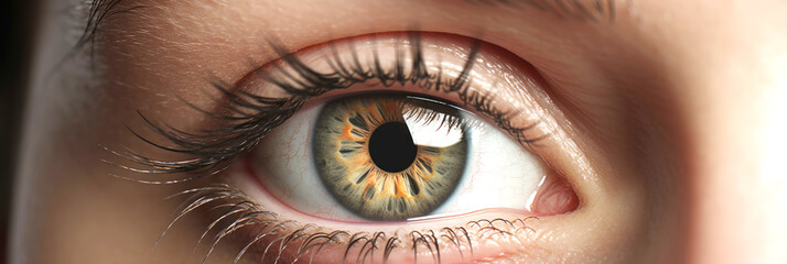 Close up of a human eye. Colorful green brown iris of the eyeball. Panoramic macro image of the eye. Generative AI.