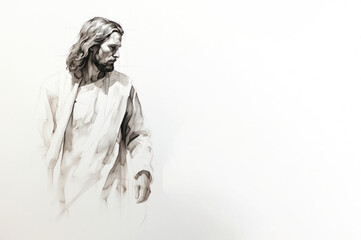 Sketch of Jesus Christ on white background with copy space - obrazy, fototapety, plakaty