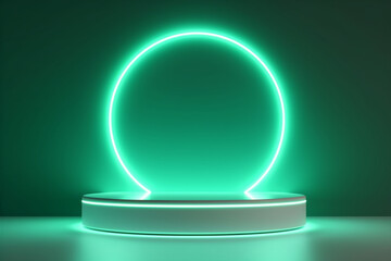 Abstract neon circle podium on green background 3d