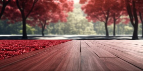 Naklejka na ściany i meble Wooden red floor and blurred tree background copy space. AI Generated,