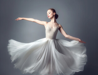Fototapeta na wymiar a ballerina in a flying light dress is dancing on a gray background, generated by AI