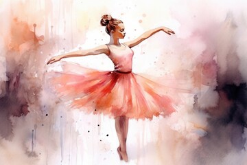 watercolor drawing, a ballerina in a red dress is dancing on a light background, generated by AI