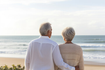 Rear view of a senior couple on the beach, Generative AI - obrazy, fototapety, plakaty