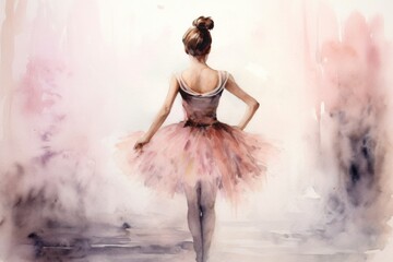 watercolor drawing, a ballerina in a pink dress stands with her back against a light background, generated by AI - obrazy, fototapety, plakaty