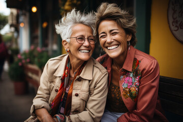 Fototapeta na wymiar Portrait of two mature women embracing and smiling surrounded by flowers.
